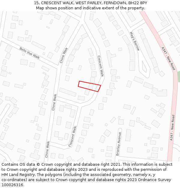 15, CRESCENT WALK, WEST PARLEY, FERNDOWN, BH22 8PY: Location map and indicative extent of plot