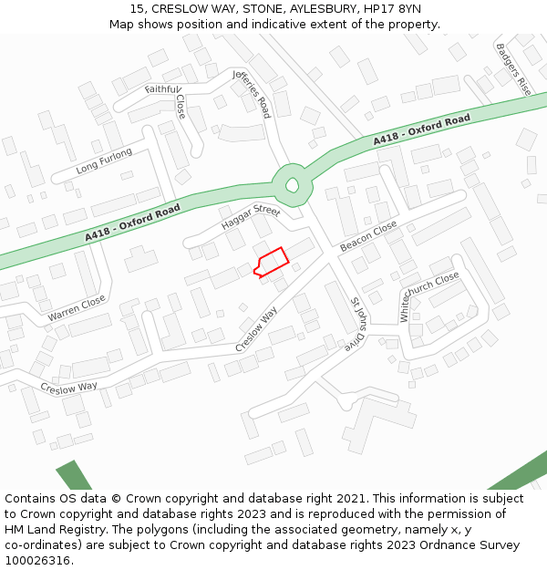 15, CRESLOW WAY, STONE, AYLESBURY, HP17 8YN: Location map and indicative extent of plot