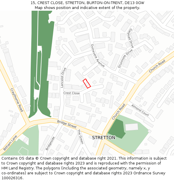 15, CREST CLOSE, STRETTON, BURTON-ON-TRENT, DE13 0GW: Location map and indicative extent of plot