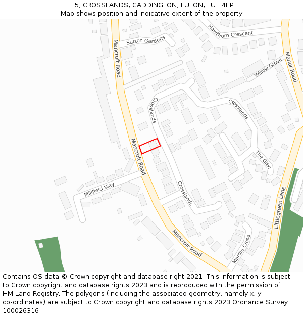 15, CROSSLANDS, CADDINGTON, LUTON, LU1 4EP: Location map and indicative extent of plot