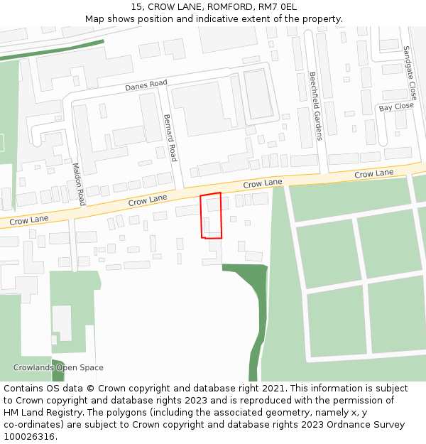 15, CROW LANE, ROMFORD, RM7 0EL: Location map and indicative extent of plot