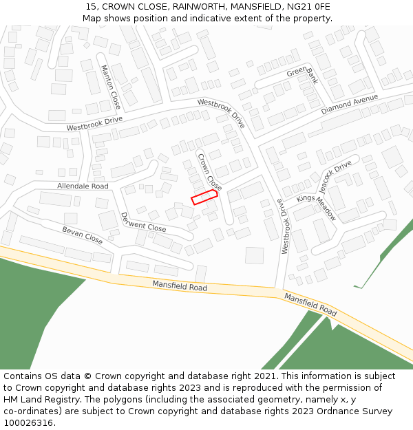 15, CROWN CLOSE, RAINWORTH, MANSFIELD, NG21 0FE: Location map and indicative extent of plot