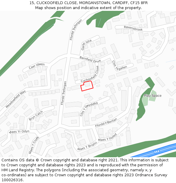 15, CUCKOOFIELD CLOSE, MORGANSTOWN, CARDIFF, CF15 8FR: Location map and indicative extent of plot