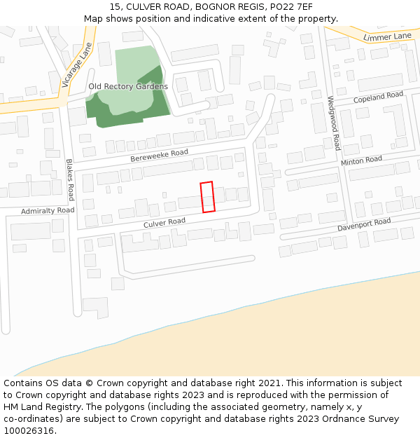 15, CULVER ROAD, BOGNOR REGIS, PO22 7EF: Location map and indicative extent of plot