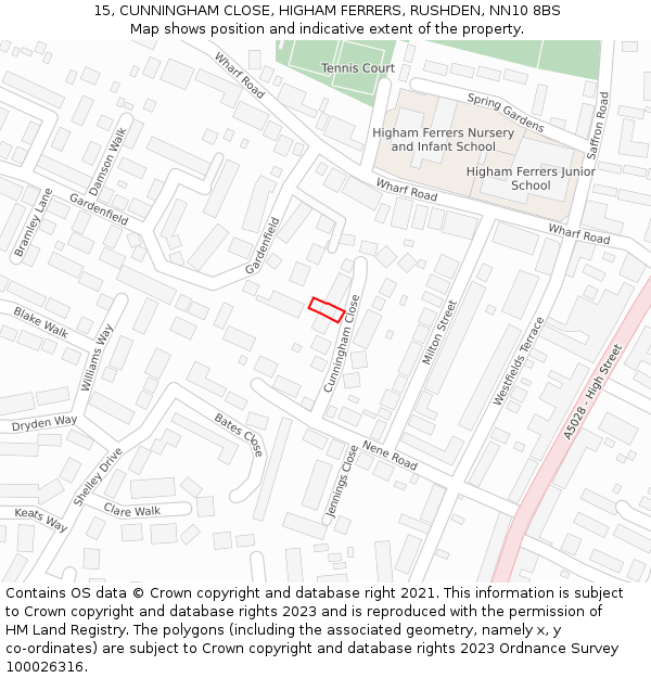 15, CUNNINGHAM CLOSE, HIGHAM FERRERS, RUSHDEN, NN10 8BS: Location map and indicative extent of plot