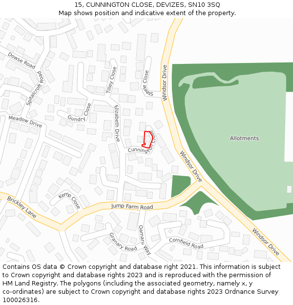15, CUNNINGTON CLOSE, DEVIZES, SN10 3SQ: Location map and indicative extent of plot