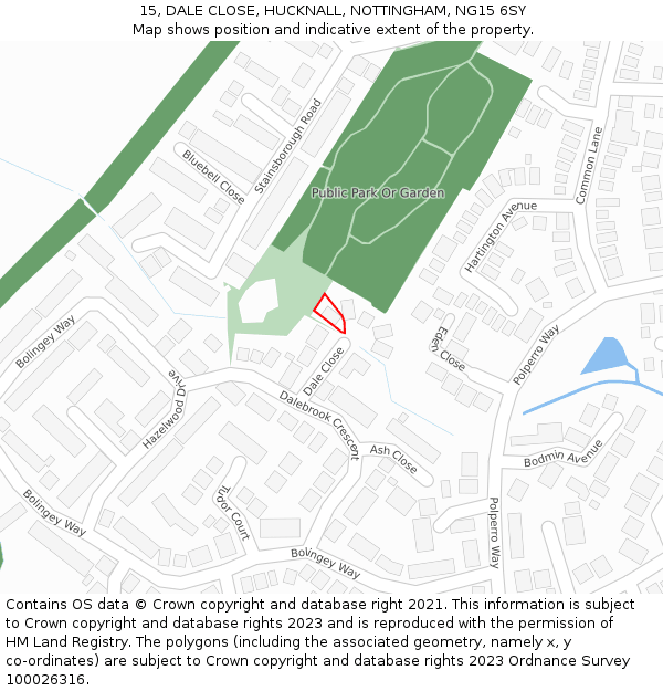 15, DALE CLOSE, HUCKNALL, NOTTINGHAM, NG15 6SY: Location map and indicative extent of plot