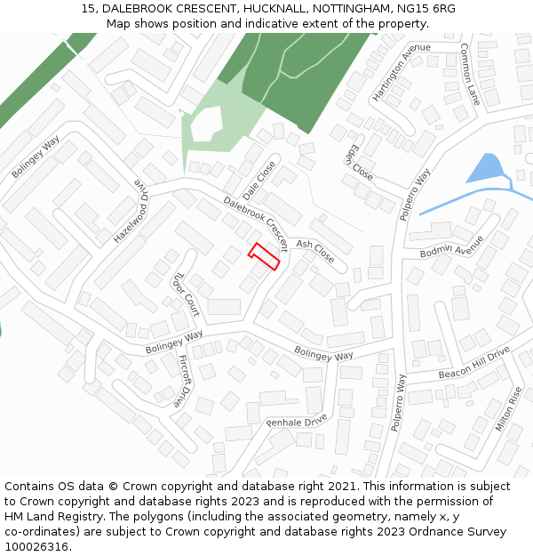 15, DALEBROOK CRESCENT, HUCKNALL, NOTTINGHAM, NG15 6RG: Location map and indicative extent of plot