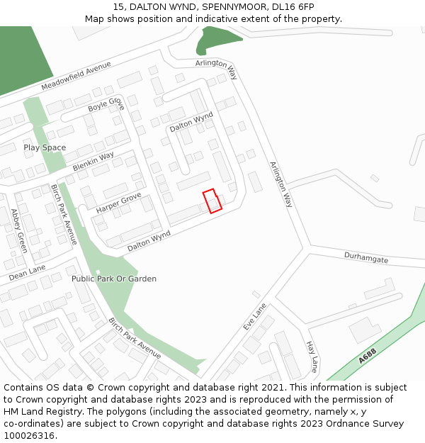 15, DALTON WYND, SPENNYMOOR, DL16 6FP: Location map and indicative extent of plot