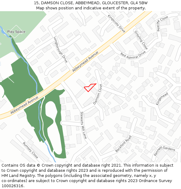 15, DAMSON CLOSE, ABBEYMEAD, GLOUCESTER, GL4 5BW: Location map and indicative extent of plot