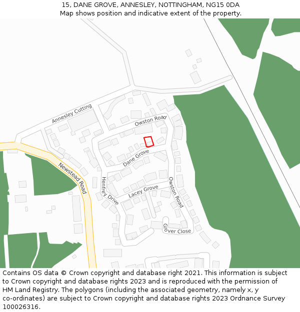 15, DANE GROVE, ANNESLEY, NOTTINGHAM, NG15 0DA: Location map and indicative extent of plot