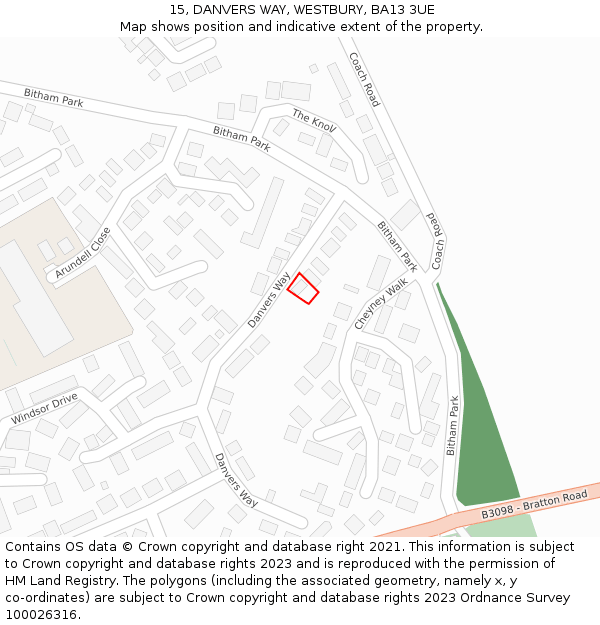 15, DANVERS WAY, WESTBURY, BA13 3UE: Location map and indicative extent of plot