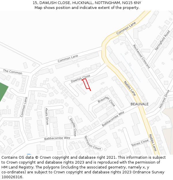 15, DAWLISH CLOSE, HUCKNALL, NOTTINGHAM, NG15 6NY: Location map and indicative extent of plot