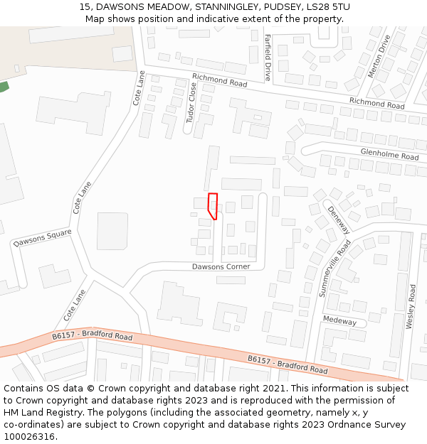 15, DAWSONS MEADOW, STANNINGLEY, PUDSEY, LS28 5TU: Location map and indicative extent of plot