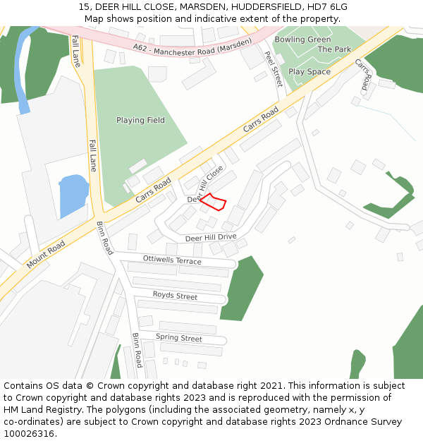 15, DEER HILL CLOSE, MARSDEN, HUDDERSFIELD, HD7 6LG: Location map and indicative extent of plot