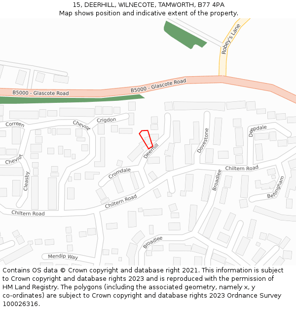 15, DEERHILL, WILNECOTE, TAMWORTH, B77 4PA: Location map and indicative extent of plot