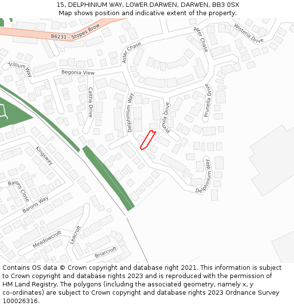 15, DELPHINIUM WAY, LOWER DARWEN, DARWEN, BB3 0SX: Location map and indicative extent of plot