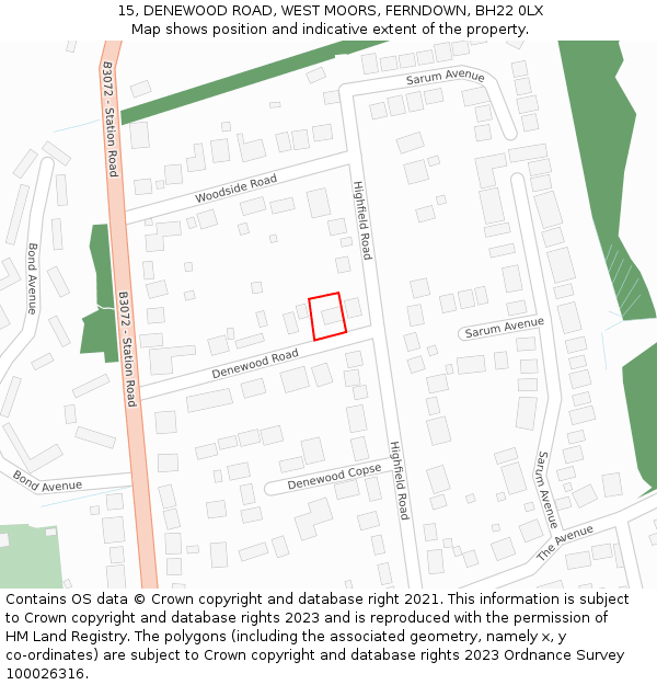 15, DENEWOOD ROAD, WEST MOORS, FERNDOWN, BH22 0LX: Location map and indicative extent of plot