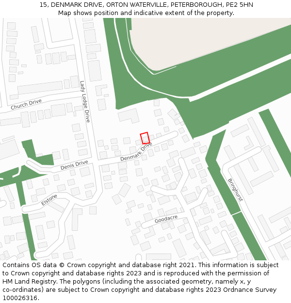 15, DENMARK DRIVE, ORTON WATERVILLE, PETERBOROUGH, PE2 5HN: Location map and indicative extent of plot