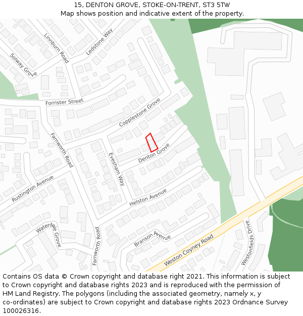 15, DENTON GROVE, STOKE-ON-TRENT, ST3 5TW: Location map and indicative extent of plot