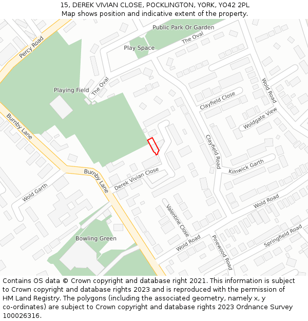 15, DEREK VIVIAN CLOSE, POCKLINGTON, YORK, YO42 2PL: Location map and indicative extent of plot