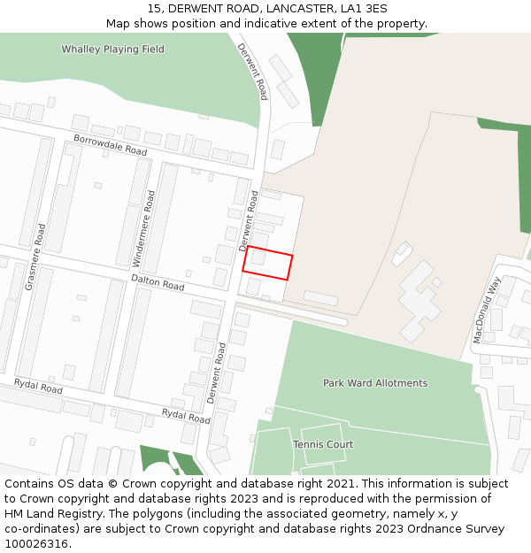 15, DERWENT ROAD, LANCASTER, LA1 3ES: Location map and indicative extent of plot