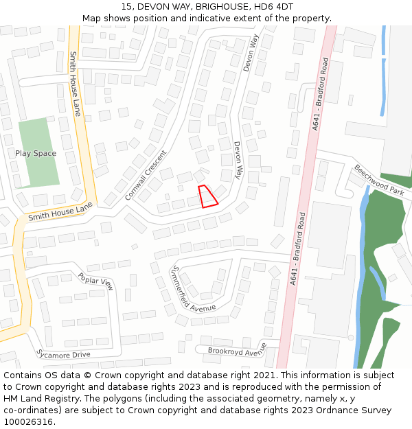 15, DEVON WAY, BRIGHOUSE, HD6 4DT: Location map and indicative extent of plot