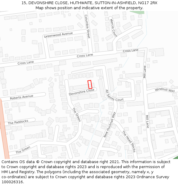 15, DEVONSHIRE CLOSE, HUTHWAITE, SUTTON-IN-ASHFIELD, NG17 2RX: Location map and indicative extent of plot