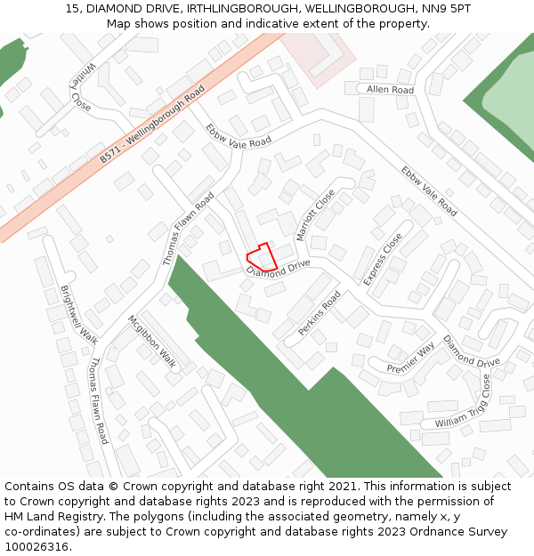 15, DIAMOND DRIVE, IRTHLINGBOROUGH, WELLINGBOROUGH, NN9 5PT: Location map and indicative extent of plot