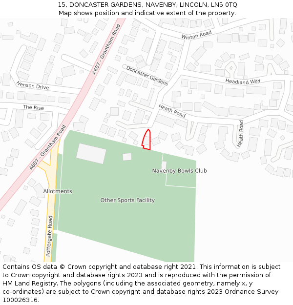 15, DONCASTER GARDENS, NAVENBY, LINCOLN, LN5 0TQ: Location map and indicative extent of plot