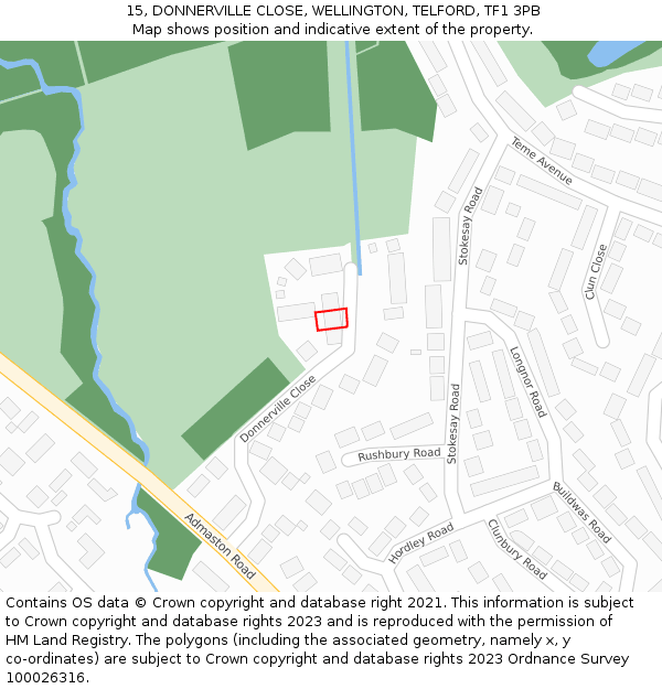 15, DONNERVILLE CLOSE, WELLINGTON, TELFORD, TF1 3PB: Location map and indicative extent of plot