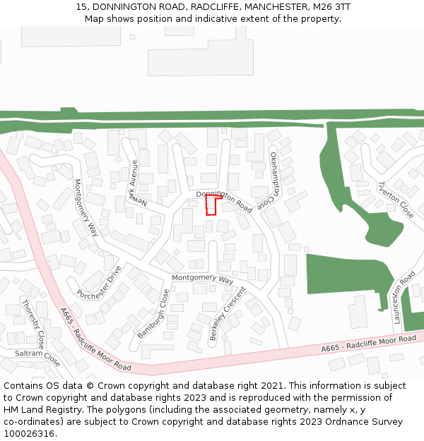 15, DONNINGTON ROAD, RADCLIFFE, MANCHESTER, M26 3TT: Location map and indicative extent of plot