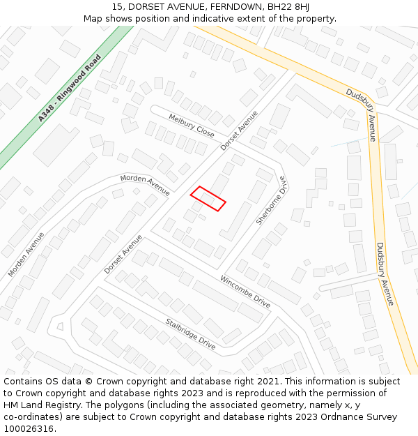 15, DORSET AVENUE, FERNDOWN, BH22 8HJ: Location map and indicative extent of plot