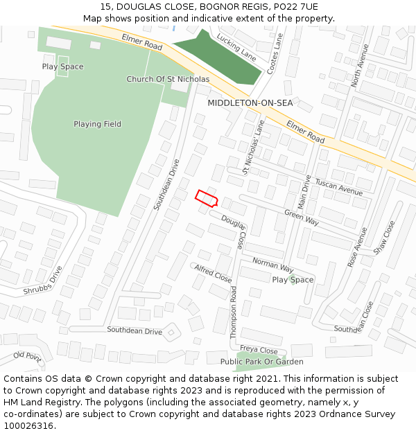 15, DOUGLAS CLOSE, BOGNOR REGIS, PO22 7UE: Location map and indicative extent of plot