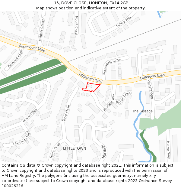 15, DOVE CLOSE, HONITON, EX14 2GP: Location map and indicative extent of plot