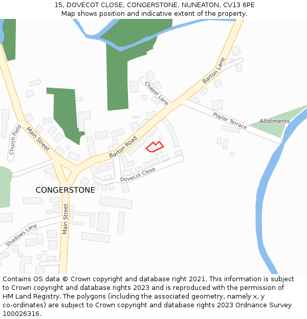 15, DOVECOT CLOSE, CONGERSTONE, NUNEATON, CV13 6PE: Location map and indicative extent of plot