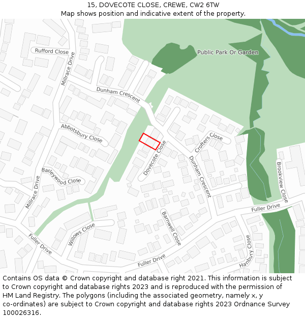 15, DOVECOTE CLOSE, CREWE, CW2 6TW: Location map and indicative extent of plot