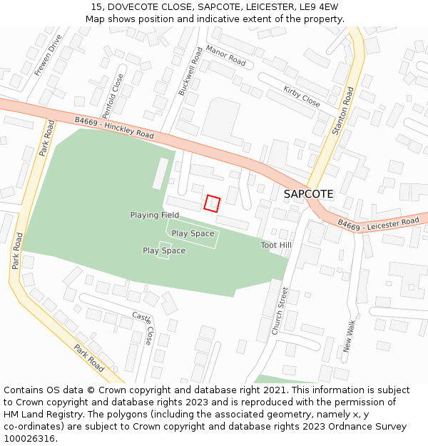 15, DOVECOTE CLOSE, SAPCOTE, LEICESTER, LE9 4EW: Location map and indicative extent of plot