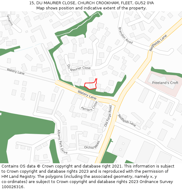 15, DU MAURIER CLOSE, CHURCH CROOKHAM, FLEET, GU52 0YA: Location map and indicative extent of plot