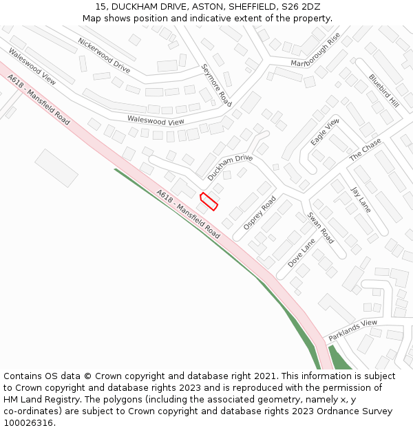 15, DUCKHAM DRIVE, ASTON, SHEFFIELD, S26 2DZ: Location map and indicative extent of plot