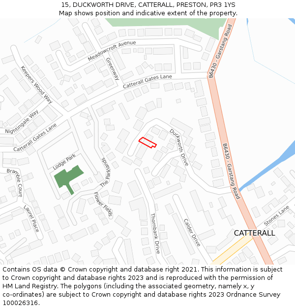 15, DUCKWORTH DRIVE, CATTERALL, PRESTON, PR3 1YS: Location map and indicative extent of plot