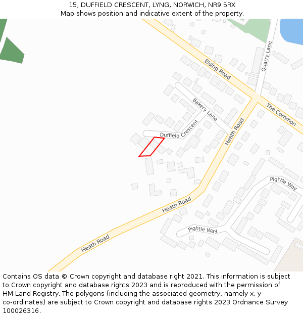 15, DUFFIELD CRESCENT, LYNG, NORWICH, NR9 5RX: Location map and indicative extent of plot