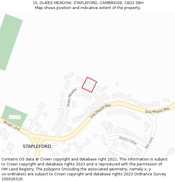 15, DUKES MEADOW, STAPLEFORD, CAMBRIDGE, CB22 5BH: Location map and indicative extent of plot