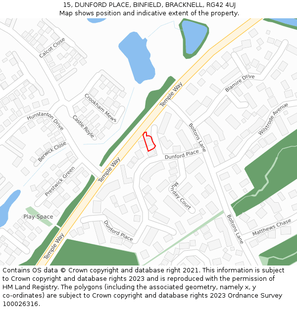 15, DUNFORD PLACE, BINFIELD, BRACKNELL, RG42 4UJ: Location map and indicative extent of plot