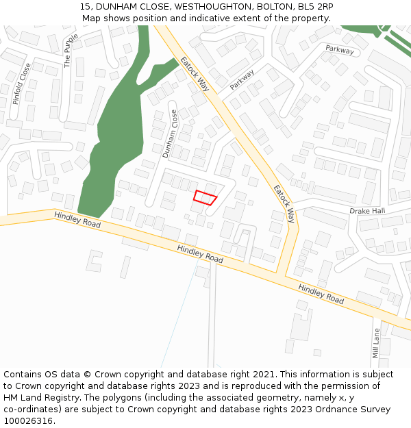 15, DUNHAM CLOSE, WESTHOUGHTON, BOLTON, BL5 2RP: Location map and indicative extent of plot