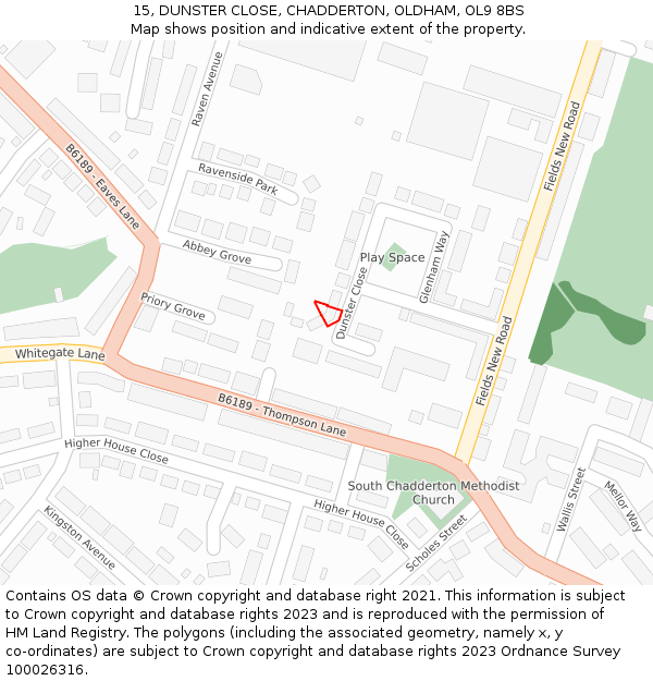 15, DUNSTER CLOSE, CHADDERTON, OLDHAM, OL9 8BS: Location map and indicative extent of plot