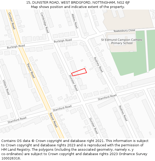 15, DUNSTER ROAD, WEST BRIDGFORD, NOTTINGHAM, NG2 6JF: Location map and indicative extent of plot