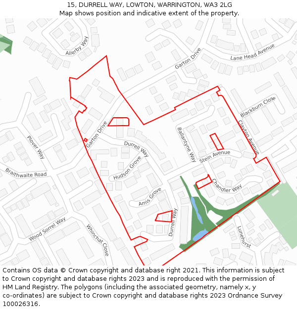 15, DURRELL WAY, LOWTON, WARRINGTON, WA3 2LG: Location map and indicative extent of plot