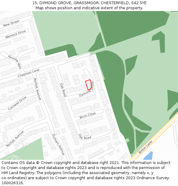 15, DYMOND GROVE, GRASSMOOR, CHESTERFIELD, S42 5YE: Location map and indicative extent of plot