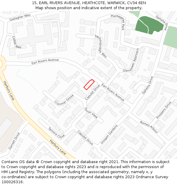 15, EARL RIVERS AVENUE, HEATHCOTE, WARWICK, CV34 6EN: Location map and indicative extent of plot